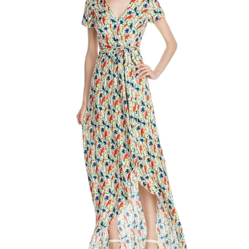 Alice + Olivia Adrianna Bird Party Mock-Wrap Maxi Dress